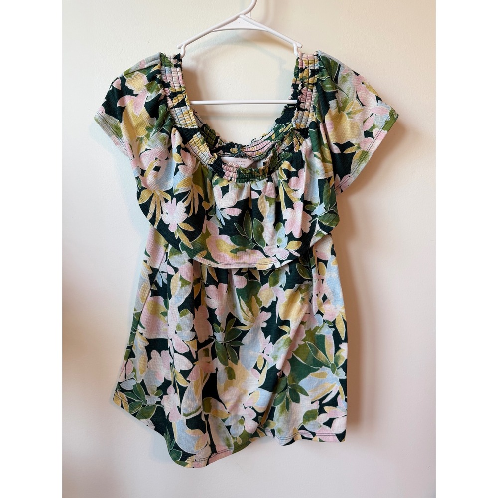 LC Lauren Conrad Floral Off The Shoulder Ruffle Blouse XXL Green Pink Tropical
